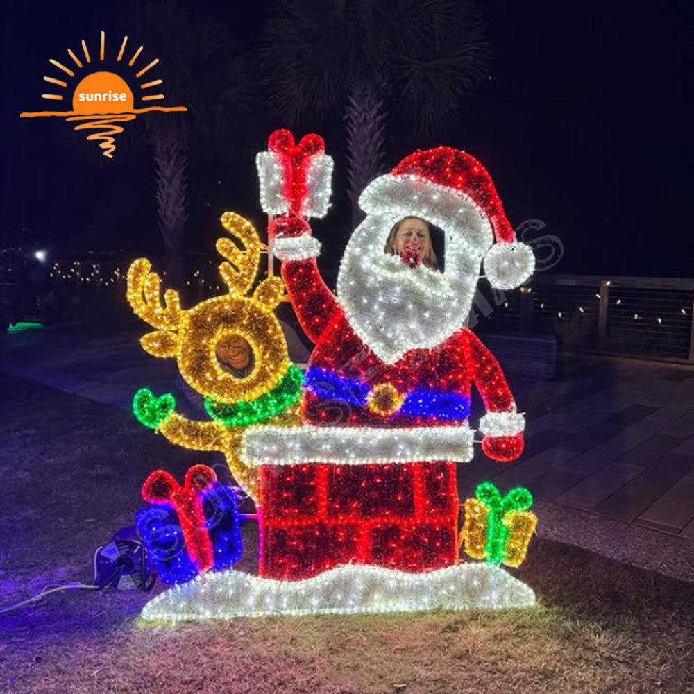 IP65 Christmas photo op frame shoot 2D motif light show Santa Claus LED light outdoor waterproof reindeer theme decoration