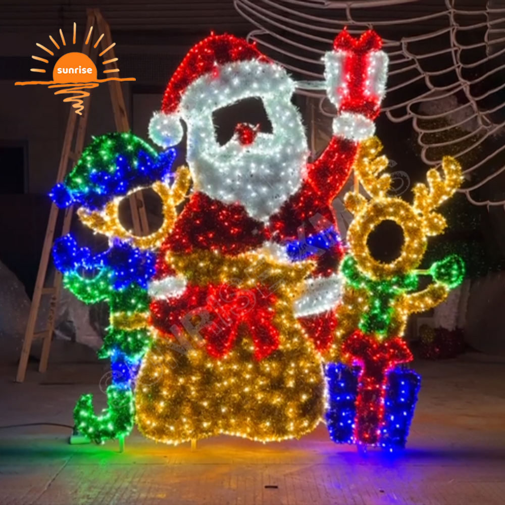 Santa Claus with reindeer LED decoration Christmas photo op frame 2D sled motif light show outdoor waterproof theme light