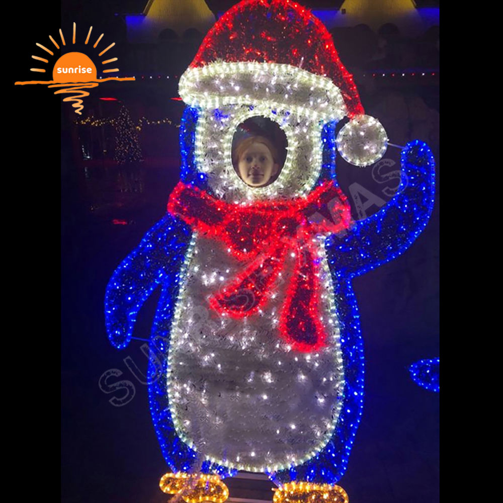 Holiday mall waterproof Animals theme decoration Christmas photo ops 2D Penguin light show Santa Claus Design LED motif light