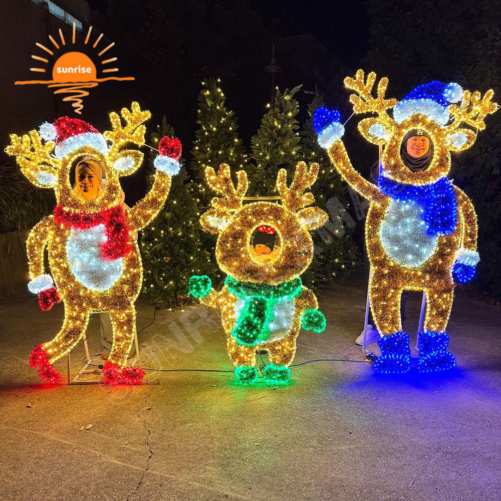 Reindeer with Santa Claus LED decoration Christmas photo op frame 2D snowman motif light show waterproof xmas theme light