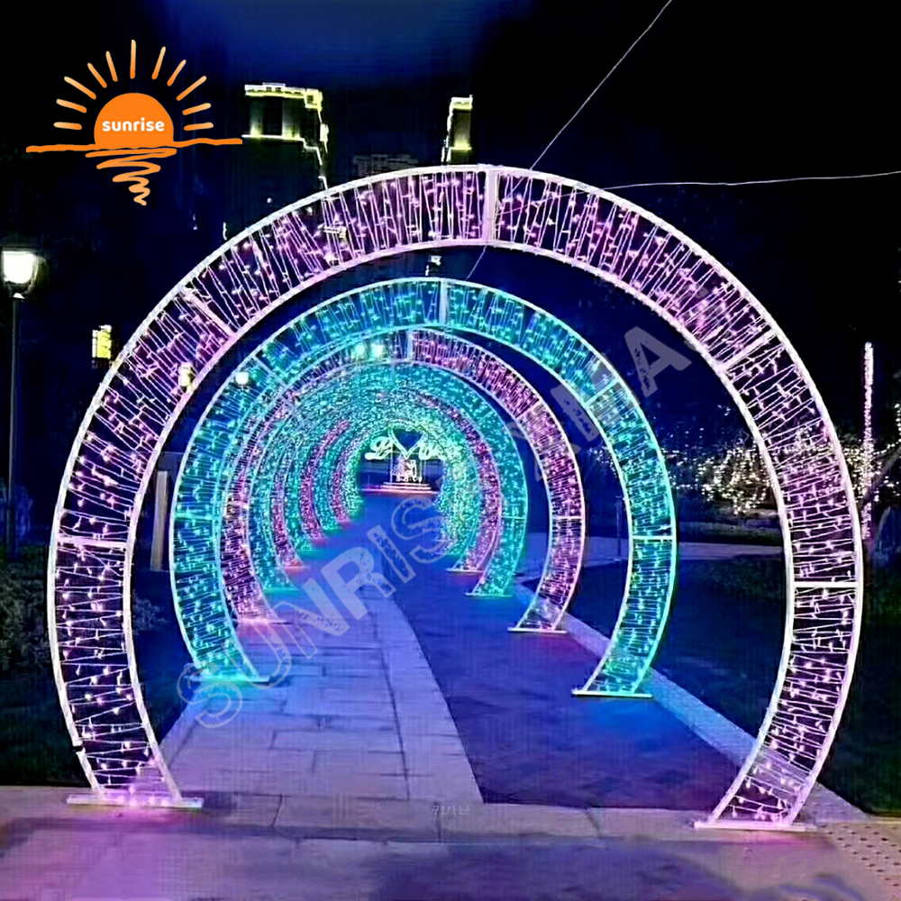 Custom outdoor street motif arch in stock Large RGB led walk through tunnel light show christmas snowflake decoration