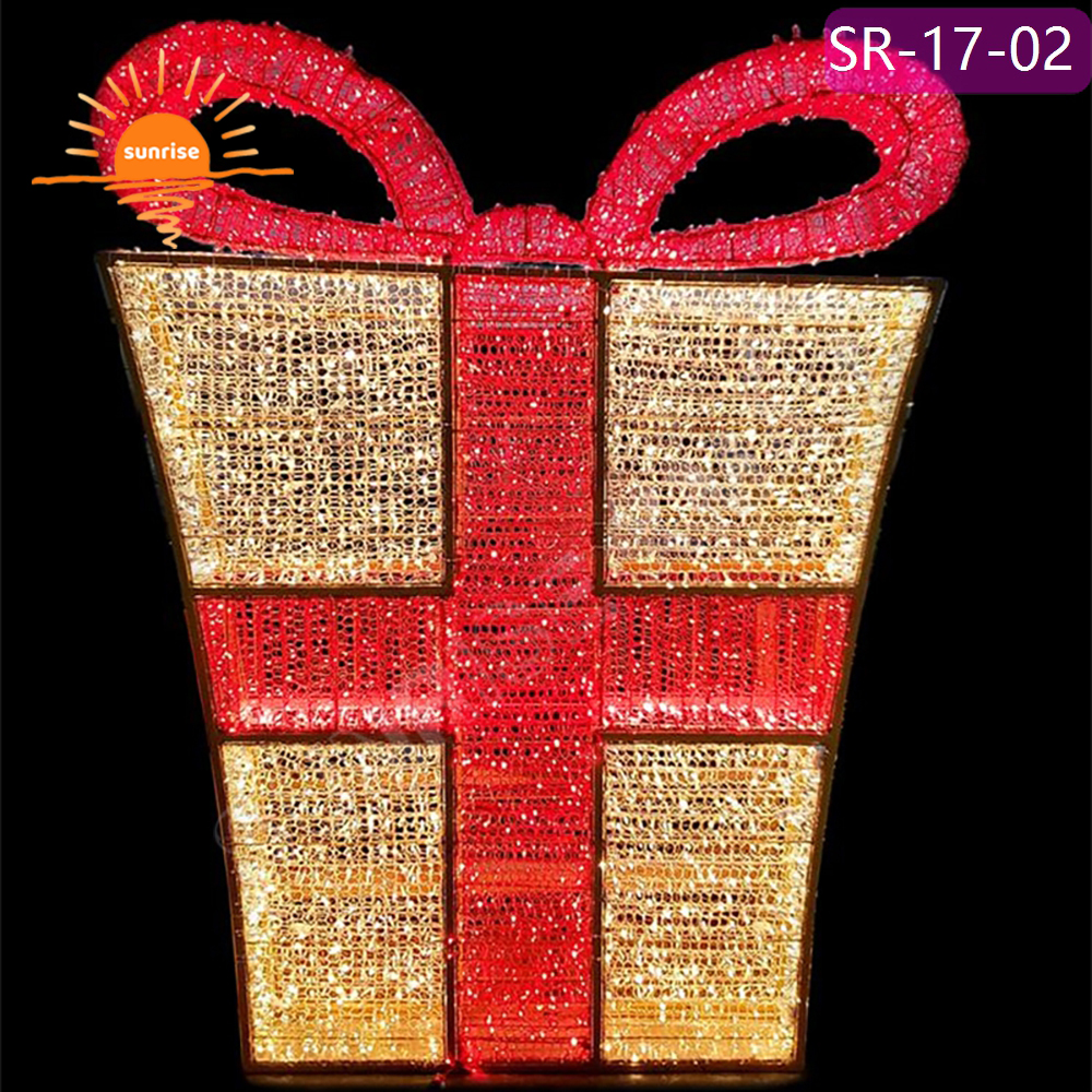 Flat outdoor lighted large led christmas gift box custom street 2D motif decoration shoot chair theme park decoration