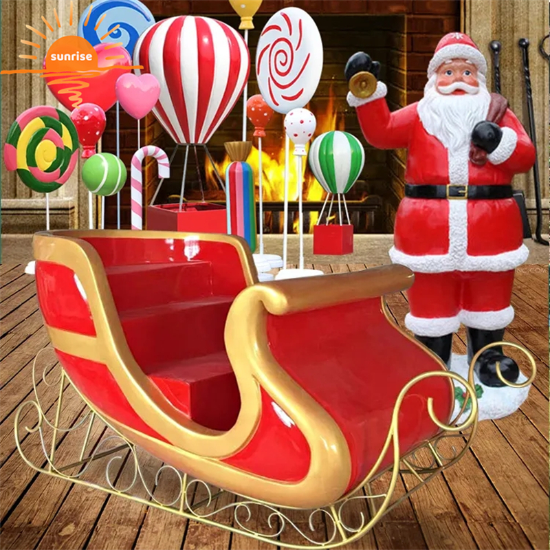 Outdoor Christmas Decoration Resin Fiberglass Santa Claus Reindeer Sleigh Statue Sculpture for Sale