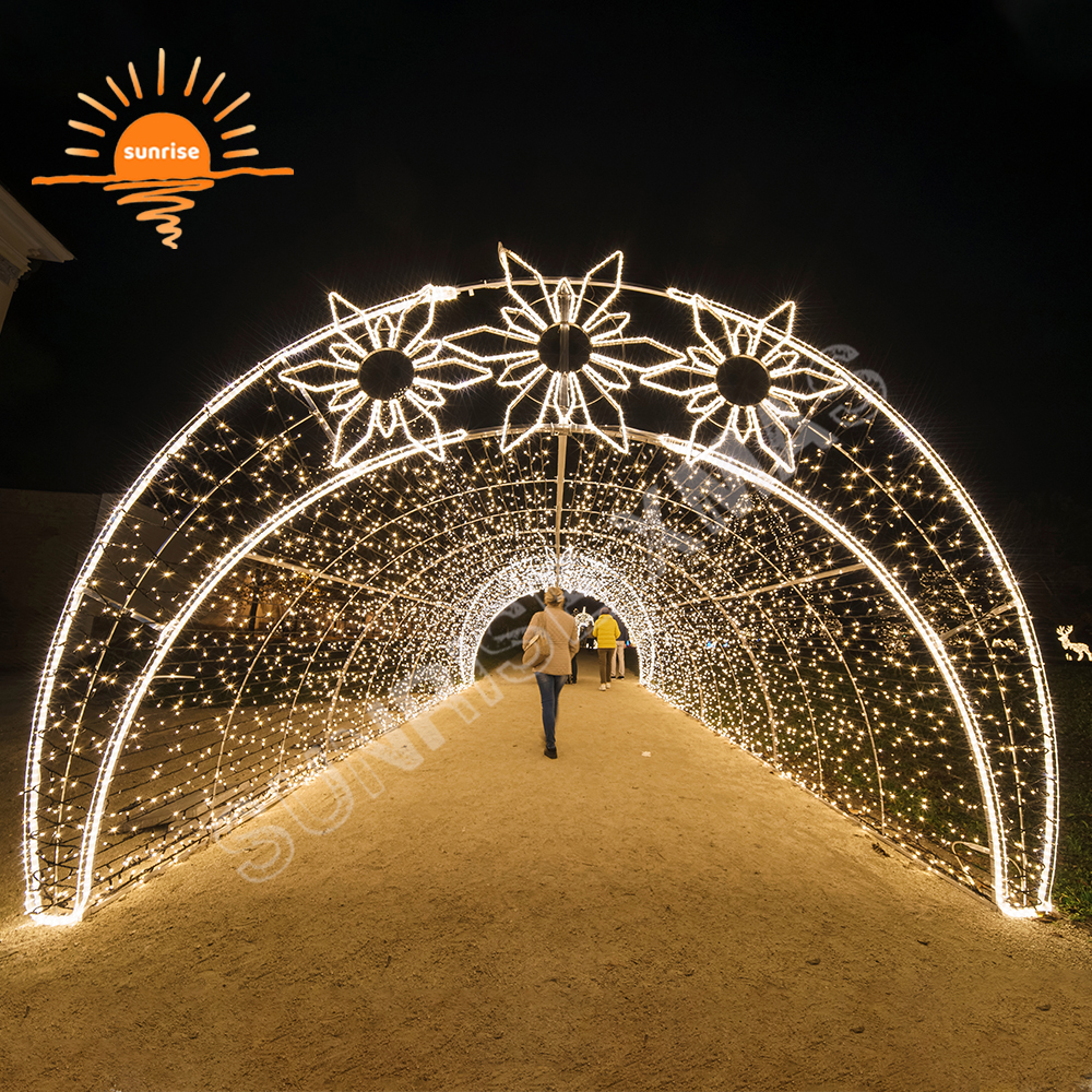 Large RGB led walk through tunnel light show christmas snowflake decoration custom outdoor street motif arch in stock