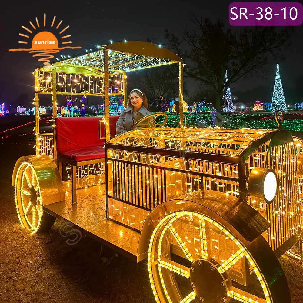 Large Metal Frame LED Vintage Truck Yard Art for Patio/Garden Christmas led Vehicle Light theme light show for Festive Displays