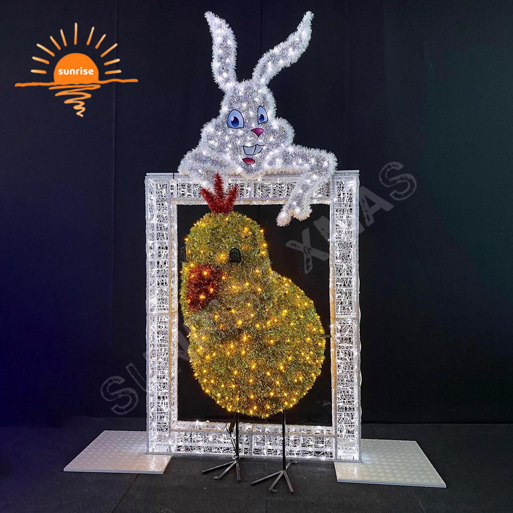 Outdoor Easter Decoration Large Light Bunny Photo Op for Holiday Life Size Easter Rabbit and Egg Light Photo Frame in the Park
