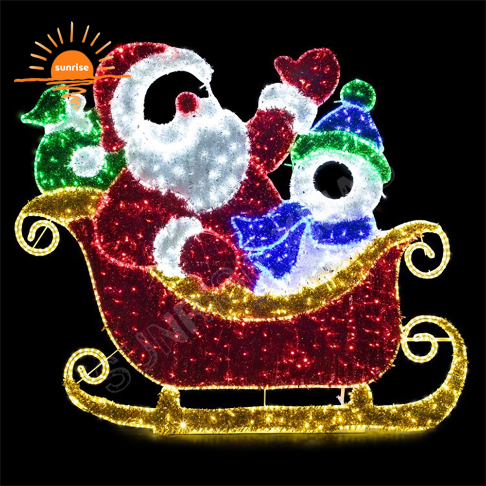 Christmas Photo Op Motif Light show Sled with Santa Claus string light for Festive Displays Outdoor gift Photo frame Decorative