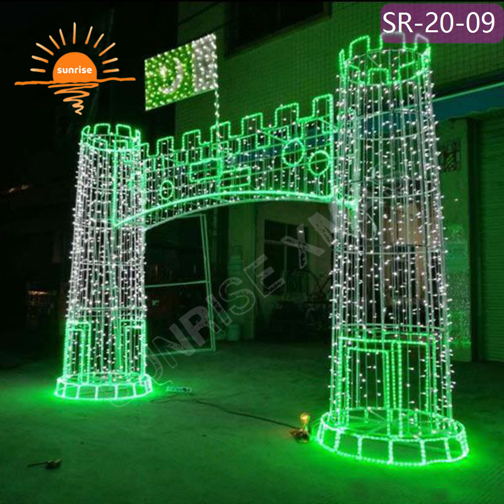 Customized LED castle motif decoration for garden outdoor Fairy Tale Style walk through arch tunnel light with snowflakes