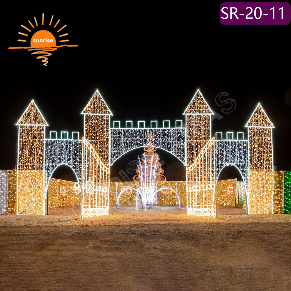 Customized LED castle motif decoration for garden outdoor Fairy Tale Style walk through arch tunnel light with snowflakes