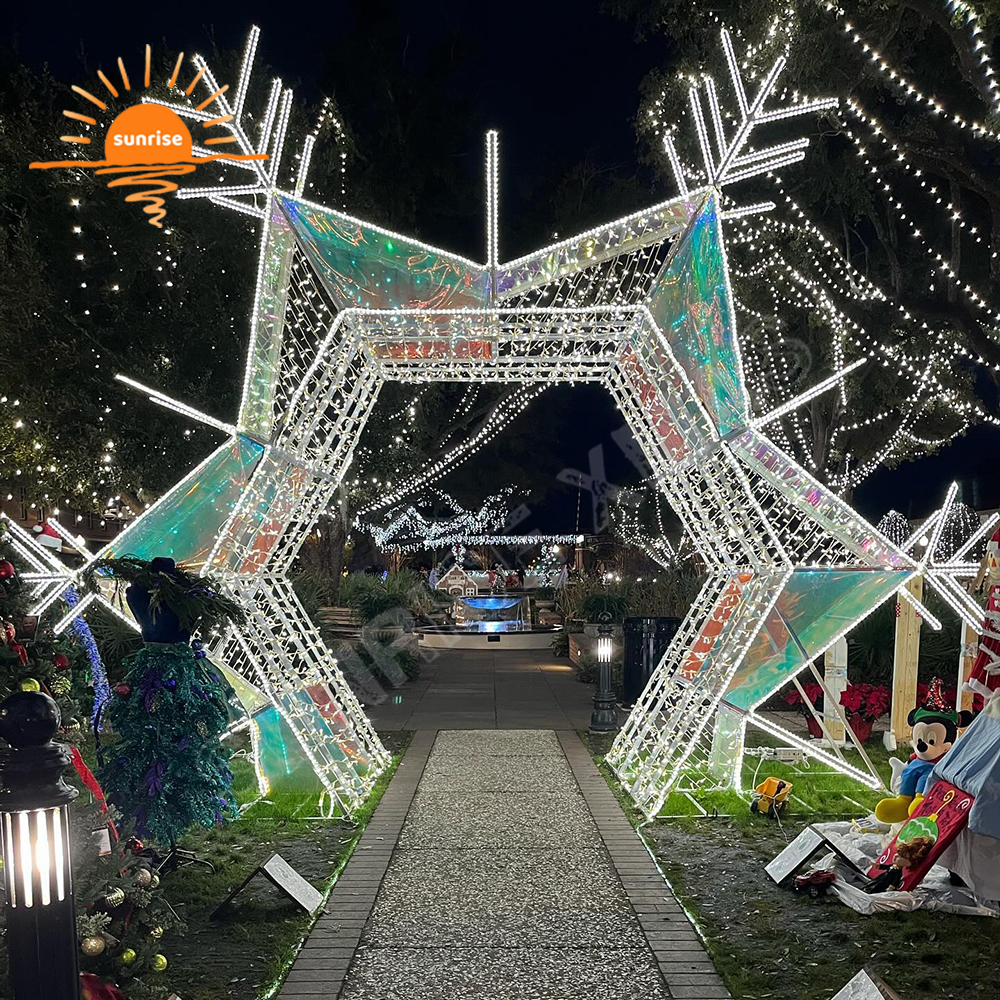 Customized outdoor luminous Christmas walk through tunnel LED motif light show Snowflake arch light square decoration