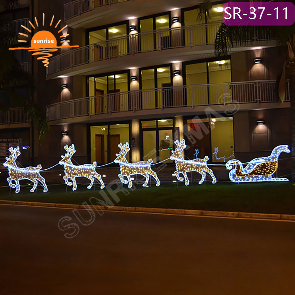 Outdoor Christmas Giant LED Reindeer and sleigh motif light show classic snow sled that can be sat on for Festive Displays