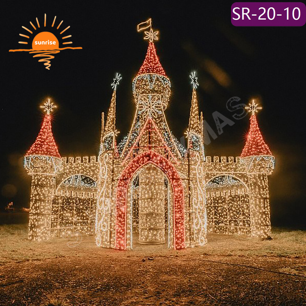 Customized LED castle motif decoration for garden outdoor Fairy Tale Style walk through arch tunnel light with snowflakes