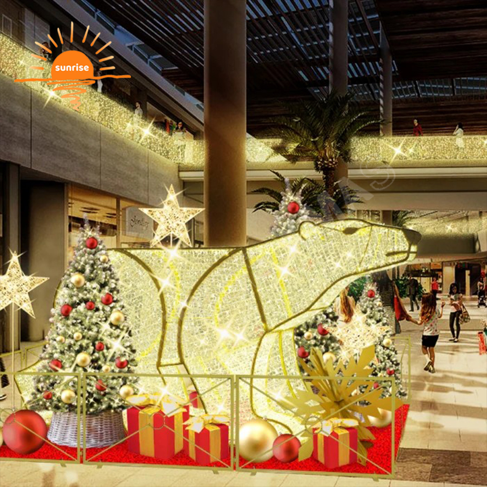 Customize Commercial Outdoor Giant Christmas Polar Bear Light Decoration Xmas Polar Bear Skiing and Tree Star Motif Light