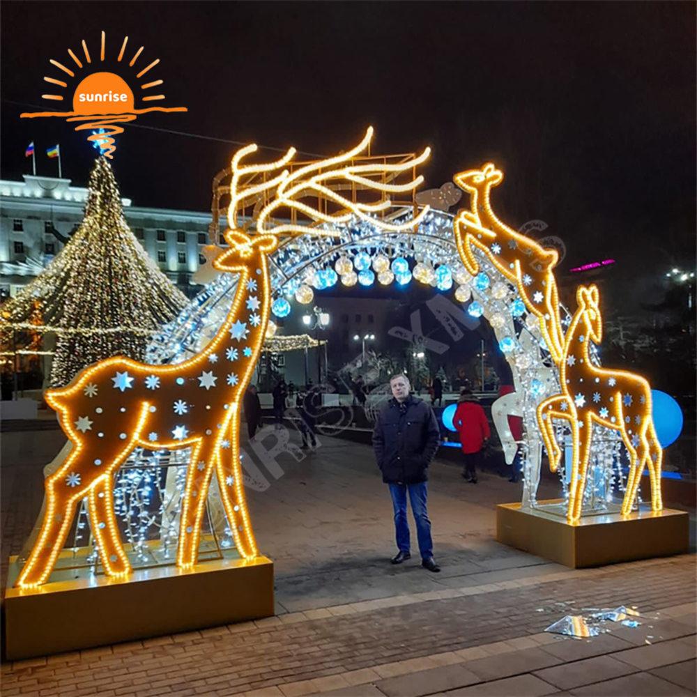 Holiday mall arch theme lights Commercial led reindeer walk through tunnel Christmas large outdoor bow gift street decoration