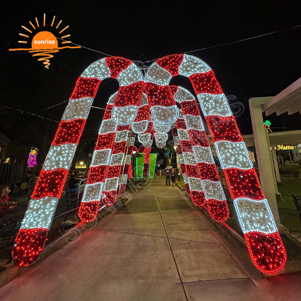 Commercial LED Outdoor Motif Lighted show Christmas String walk through candy cane arch Lights Xmas Park sweets theme Decoration
