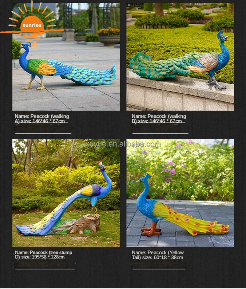 Fiberglass Resin Life Size Animal Peacock Sculpture Garden Ornaments Outdoor Mall Fiberglass Decoration
