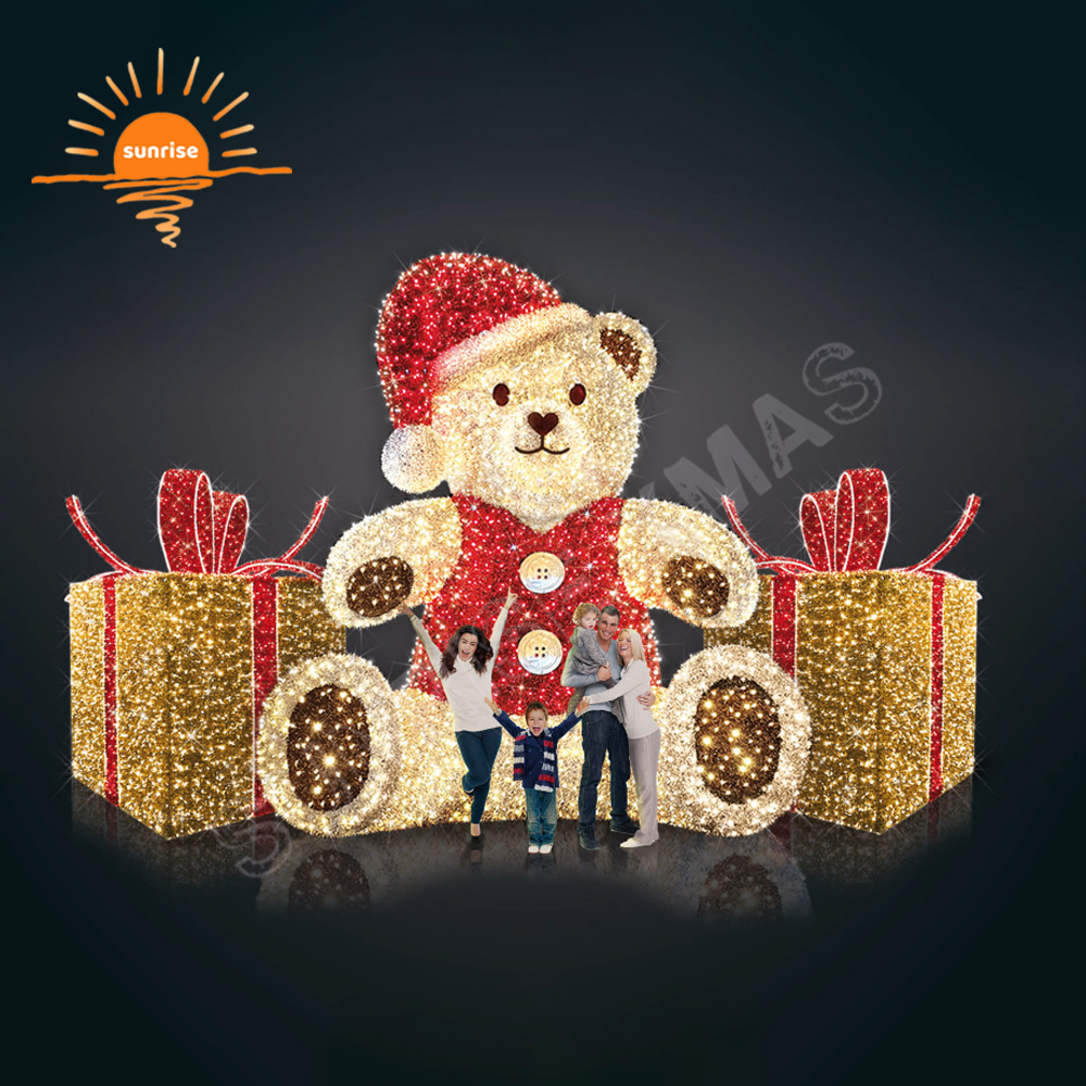 Outdoor Large Carousel With Tree Commercial Christmas LED Bear Lighted Gift Box Presents for Shopping Mall Xmas Ball Decorations