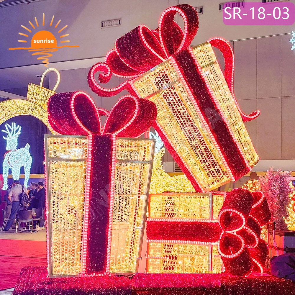 Red christmas village motif decoration led light show for mall park decoration props large size gift box for presents