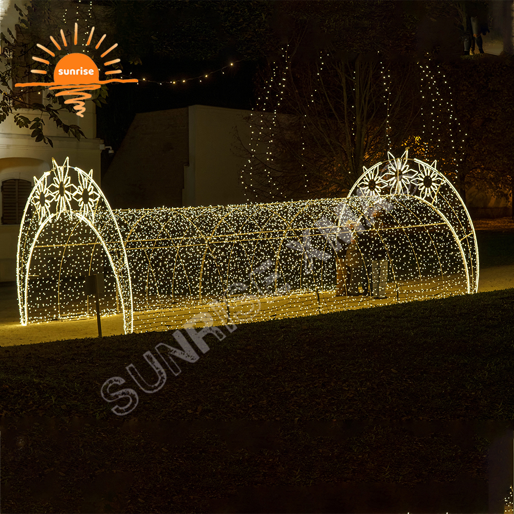 Large RGB led walk through tunnel light show christmas snowflake decoration custom outdoor street motif arch in stock