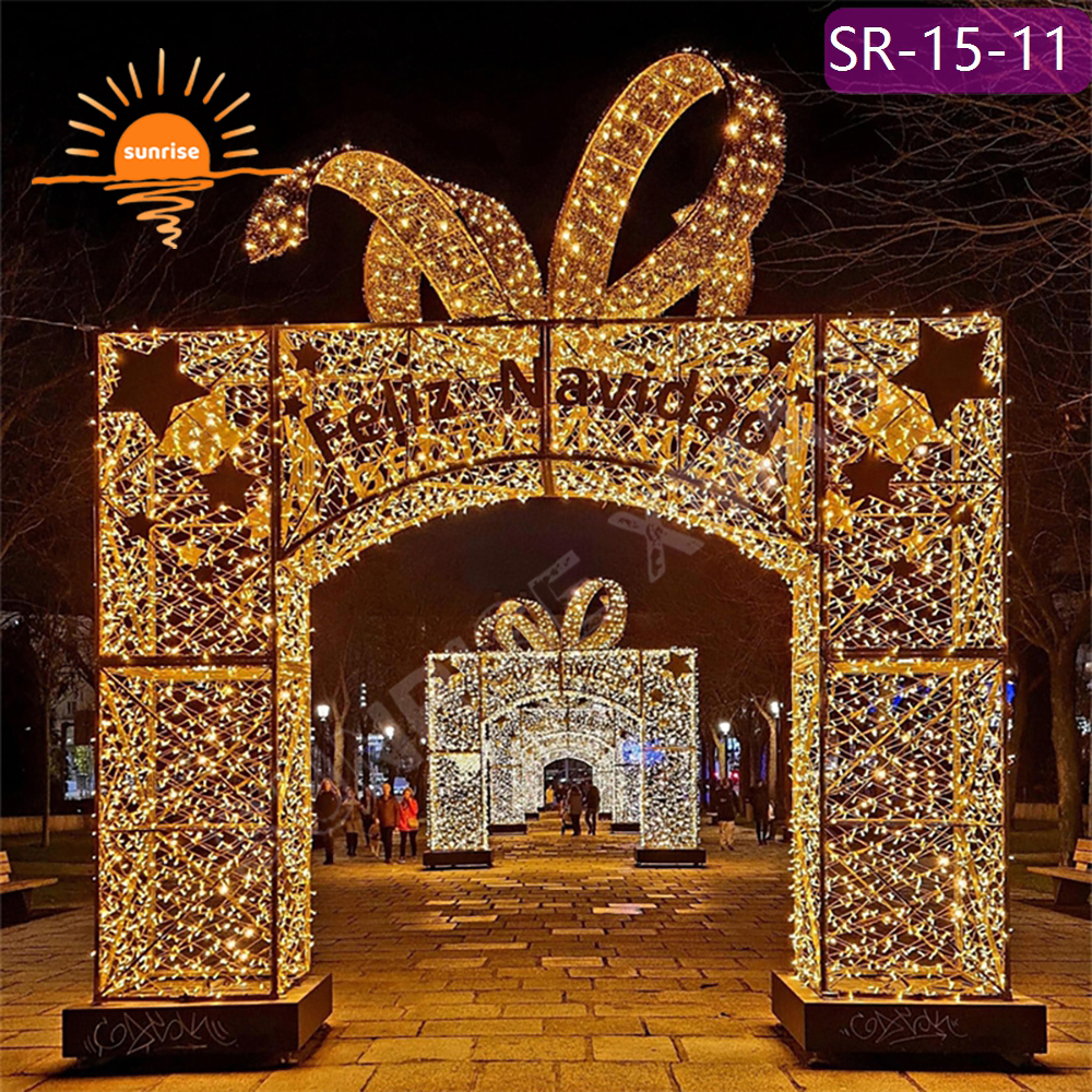 Street Commerical Outdoor Christmas Large Walk Through tunnel Colorful LED Lighted Gift Box arch Decoration for Shopping Mall