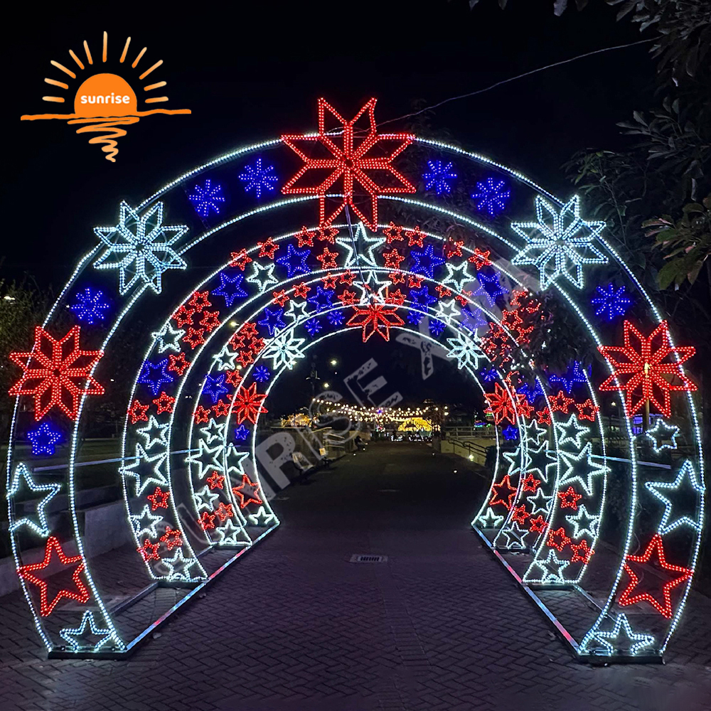 Outdoor snowflakes decorative motif arch Christmas snowman pattern light show LED waterproof walk through tunnel in stock