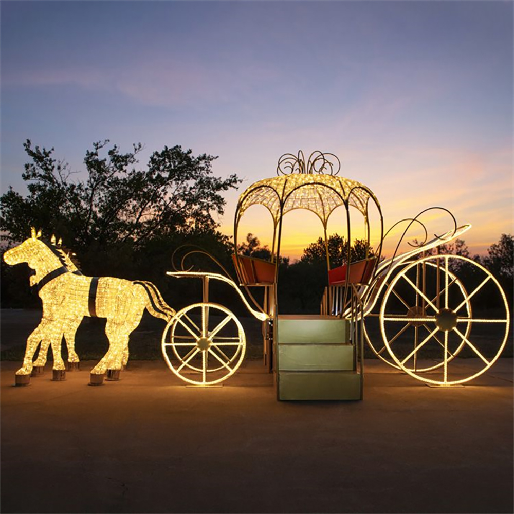 3d Large Photo Props Theme Horse and Carriage Chair Decoration Wholesale LED Motif Light Custom Outdoor Christmas Light Show
