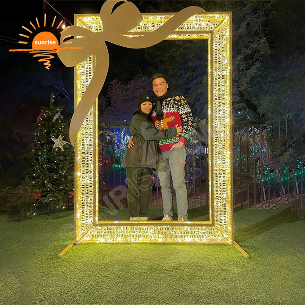 Christmas bow photo frame theme light show custom xmas hats selfie decoration outdoor landscape sculpture optical LED photo op