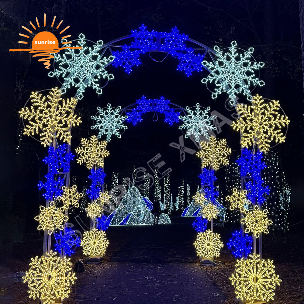Outdoor snowflakes decorative motif arch Christmas snowman pattern light show LED waterproof walk through tunnel in stock