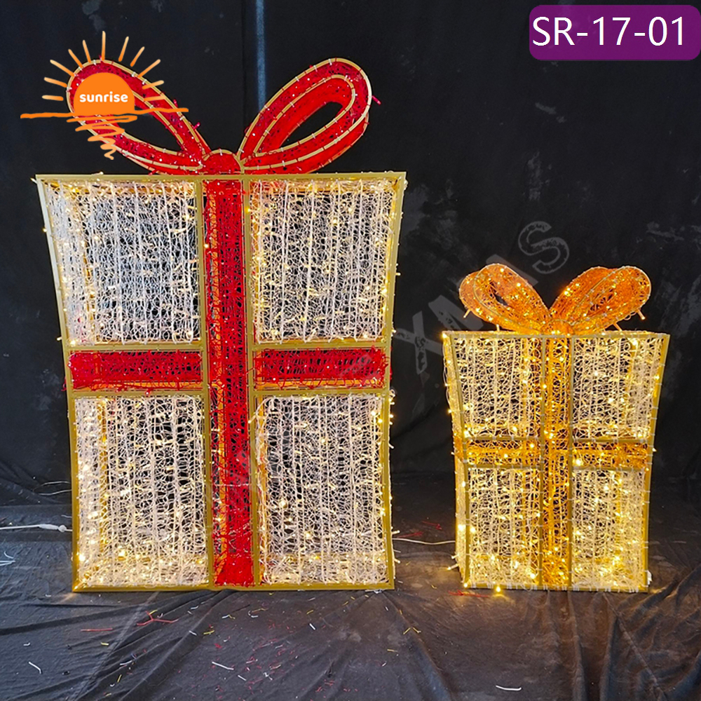 Flat outdoor lighted large led christmas gift box custom street 2D motif decoration shoot chair theme park decoration