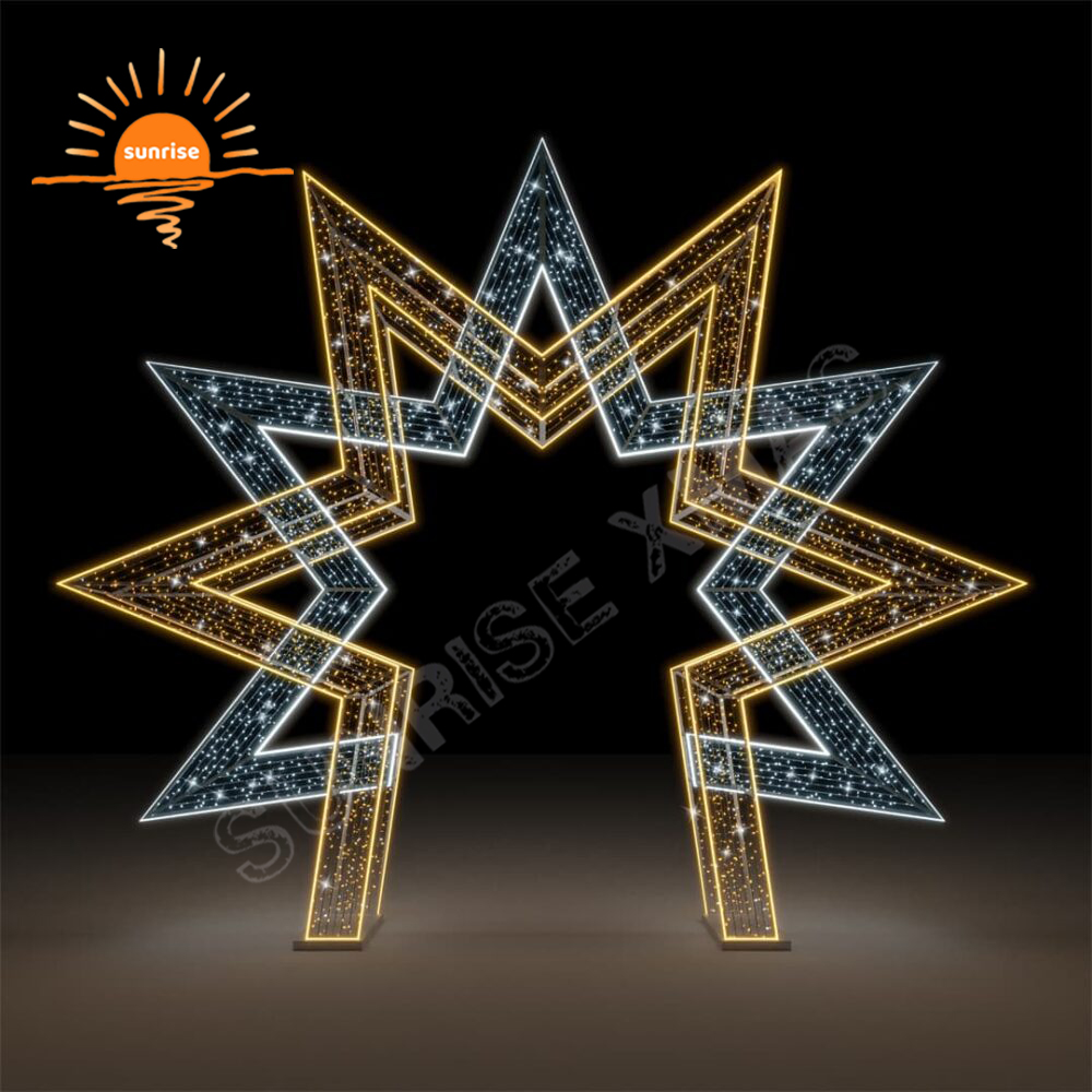 Giant Outdoor waterproof Christmas LED arch walk through five-pointed star tunnel theme light led motif commercial light show