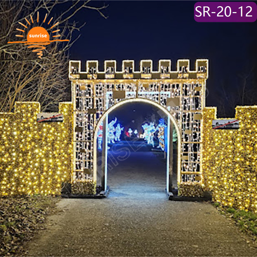 Customized LED castle motif decoration for garden outdoor Fairy Tale Style walk through arch tunnel light with snowflakes