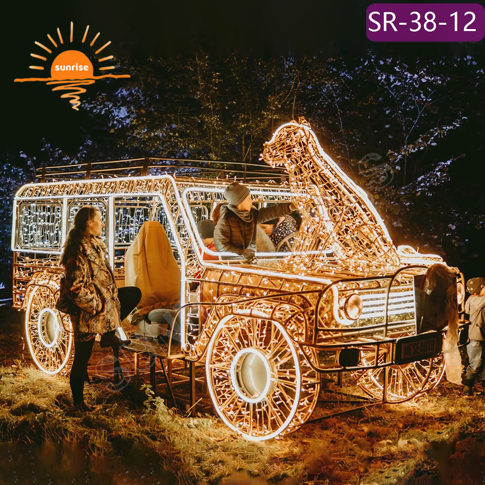 Large Metal Frame LED Vintage Truck Yard Art for Patio/Garden Christmas led Vehicle Light theme light show for Festive Displays