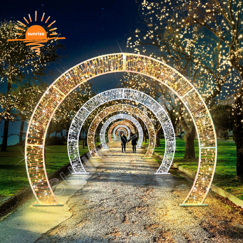 Custom outdoor street motif arch in stock Large RGB led walk through tunnel light show christmas snowflake decoration