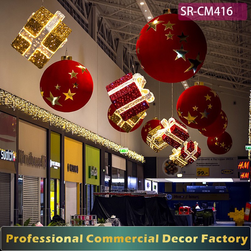 Custom Commercial Christmas Hotel Restaurant Corridor Hanging Giant Christmas Ball and Gift Box Decoration