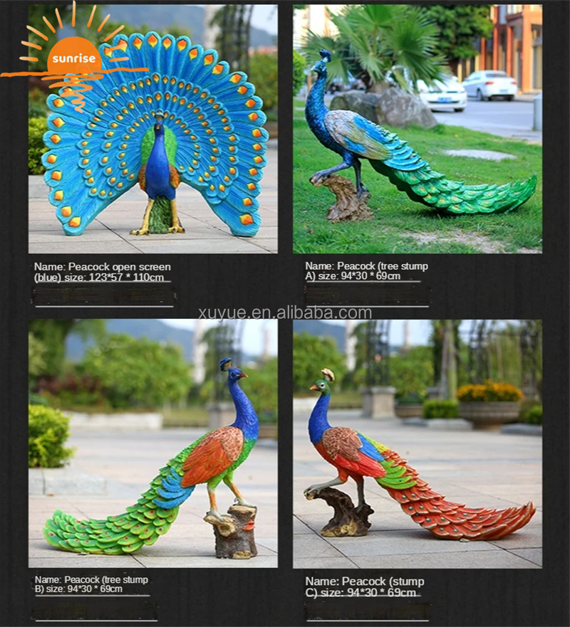 Fiberglass Resin Life Size Animal Peacock Sculpture Garden Ornaments Outdoor Mall Fiberglass Decoration