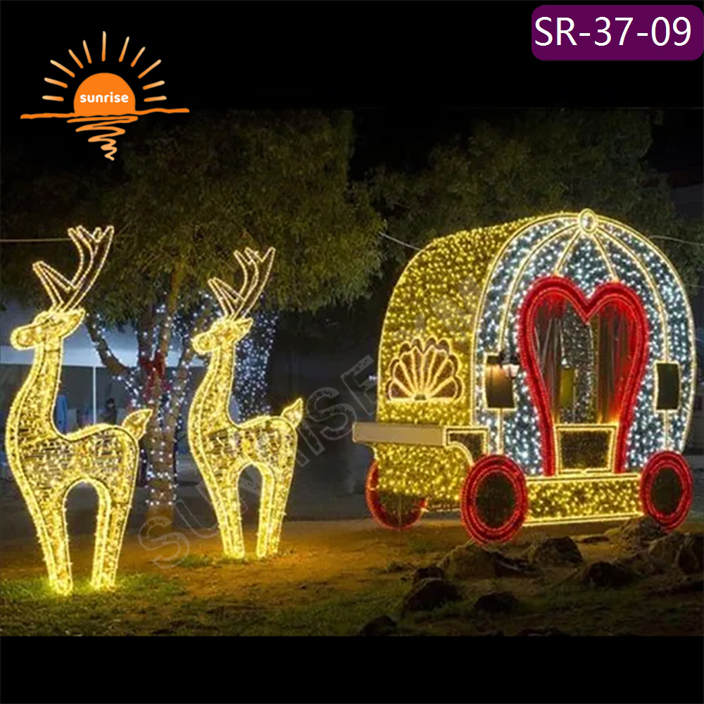 Outdoor Christmas Giant LED Reindeer and sleigh motif light show classic snow sled that can be sat on for Festive Displays