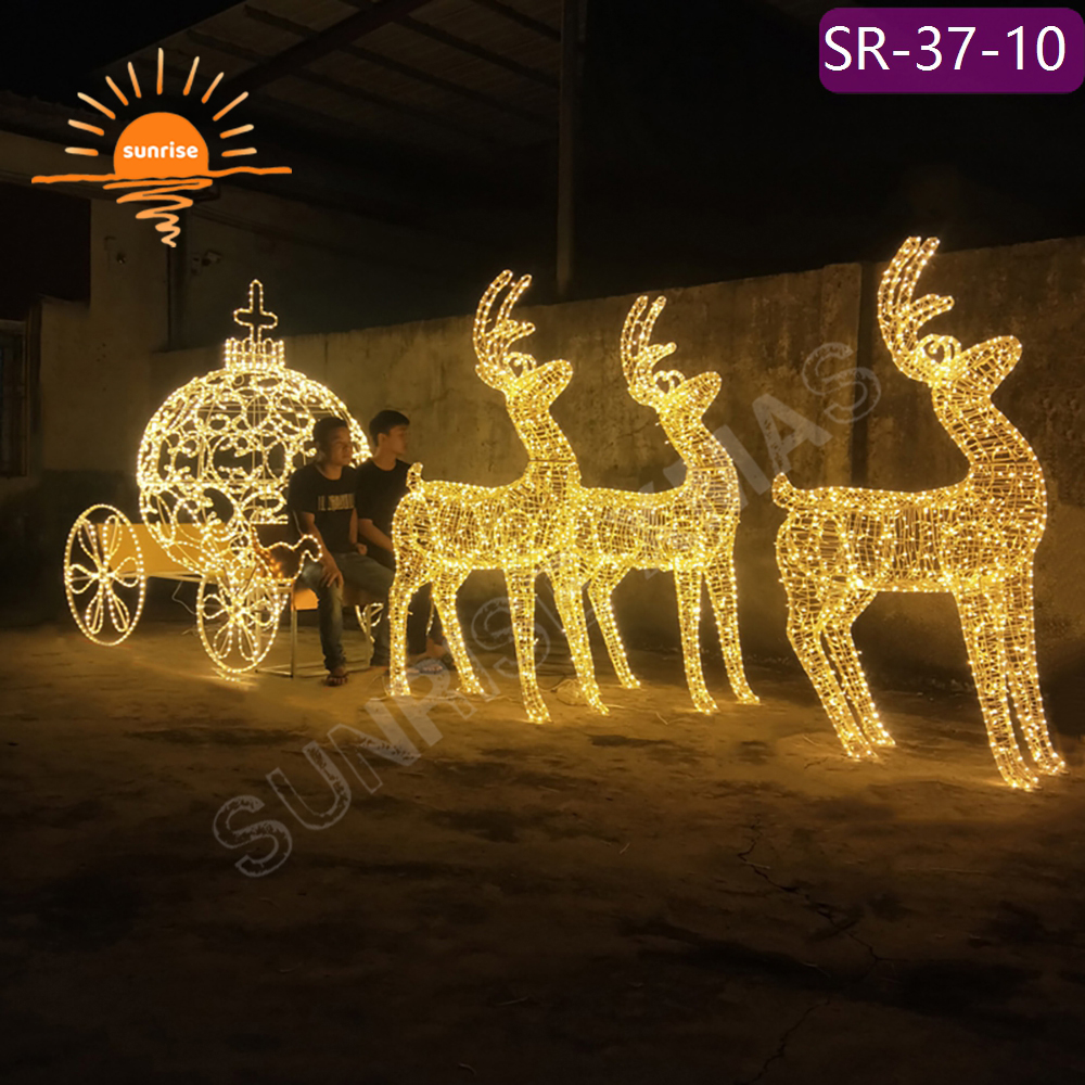 Outdoor Christmas Giant LED Reindeer and sleigh motif light show classic snow sled that can be sat on for Festive Displays