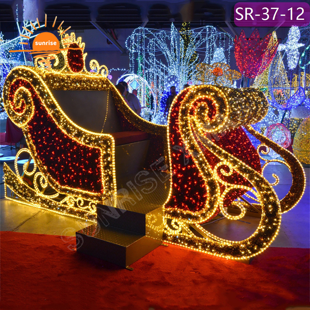 Outdoor Christmas Giant LED Reindeer and sleigh motif light show classic snow sled that can be sat on for Festive Displays