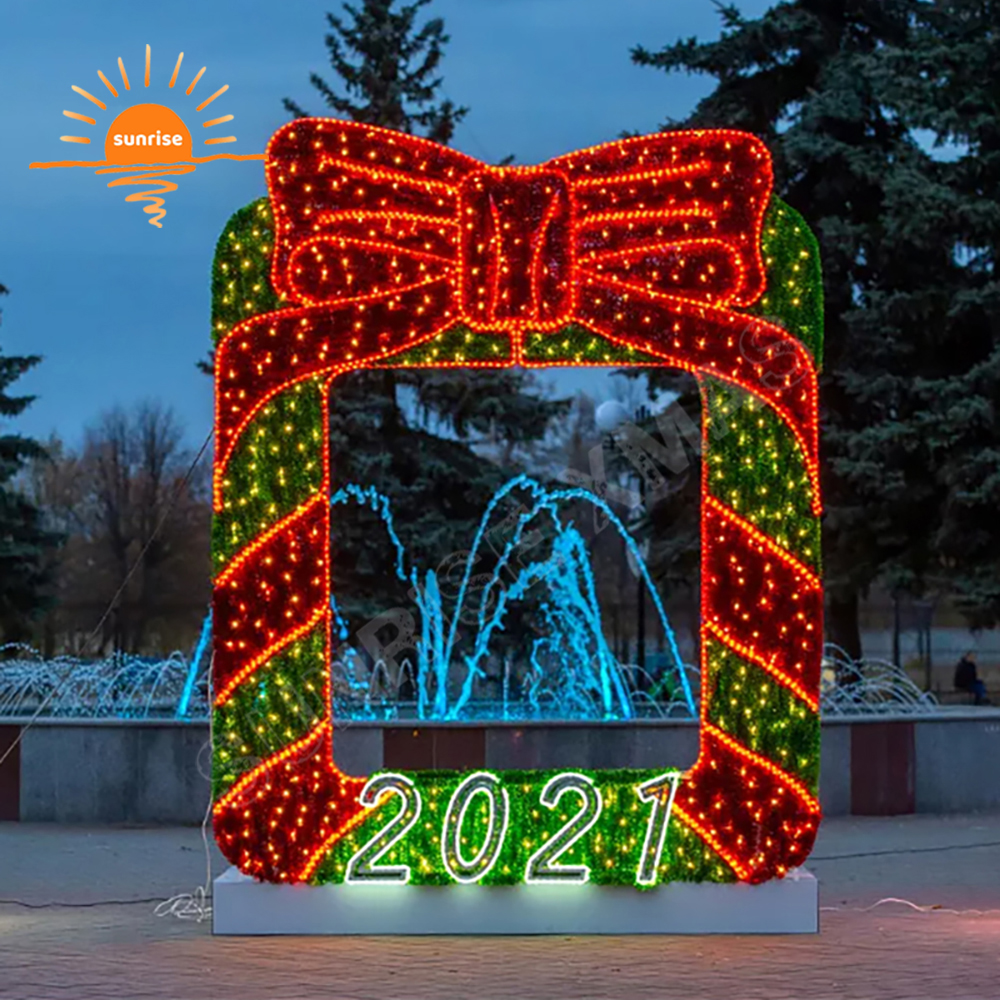Christmas bow photo frame theme light show custom xmas hats selfie decoration outdoor landscape sculpture optical LED photo op