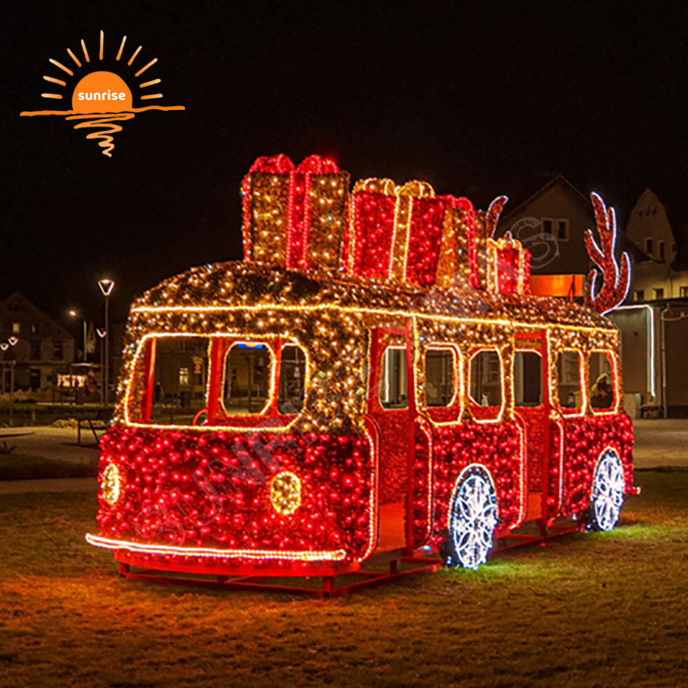 Large Commercial IP65 Led Vehicle Light Xmas Outdoor Waterproof Decoration Custom LED Bus with Gift Motif for Amusement Park