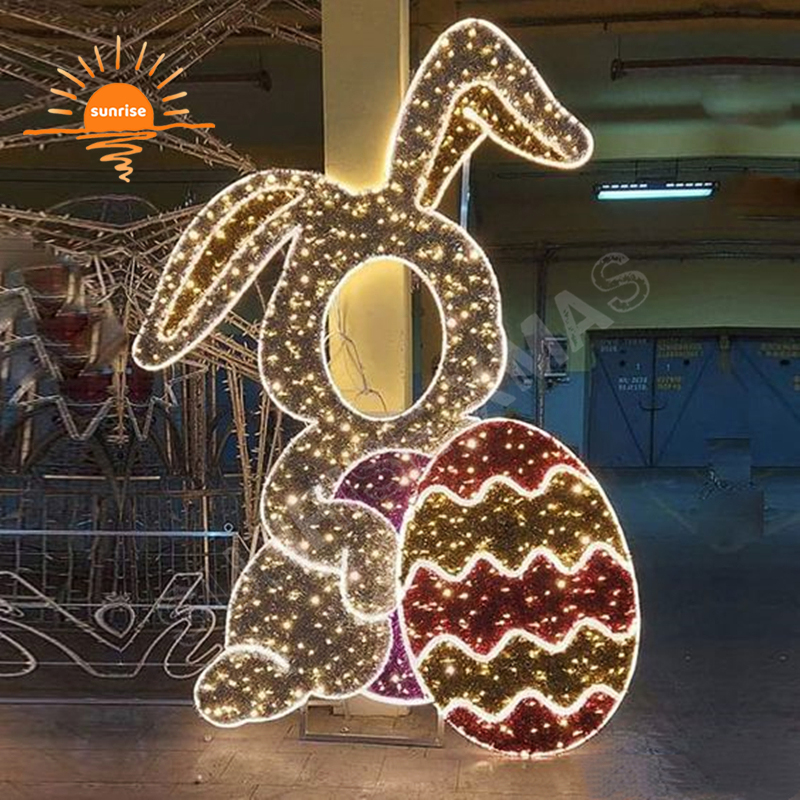 Outdoor Easter Decoration Large Light Bunny Photo Op for Holiday Life Size Easter Rabbit and Egg Light Photo Frame in the Park