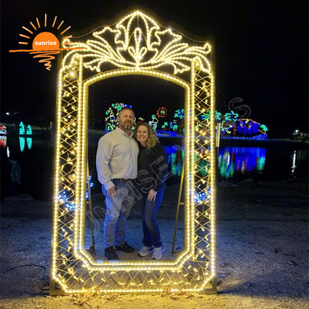 Christmas bow photo frame theme light show custom xmas hats selfie decoration outdoor landscape sculpture optical LED photo op