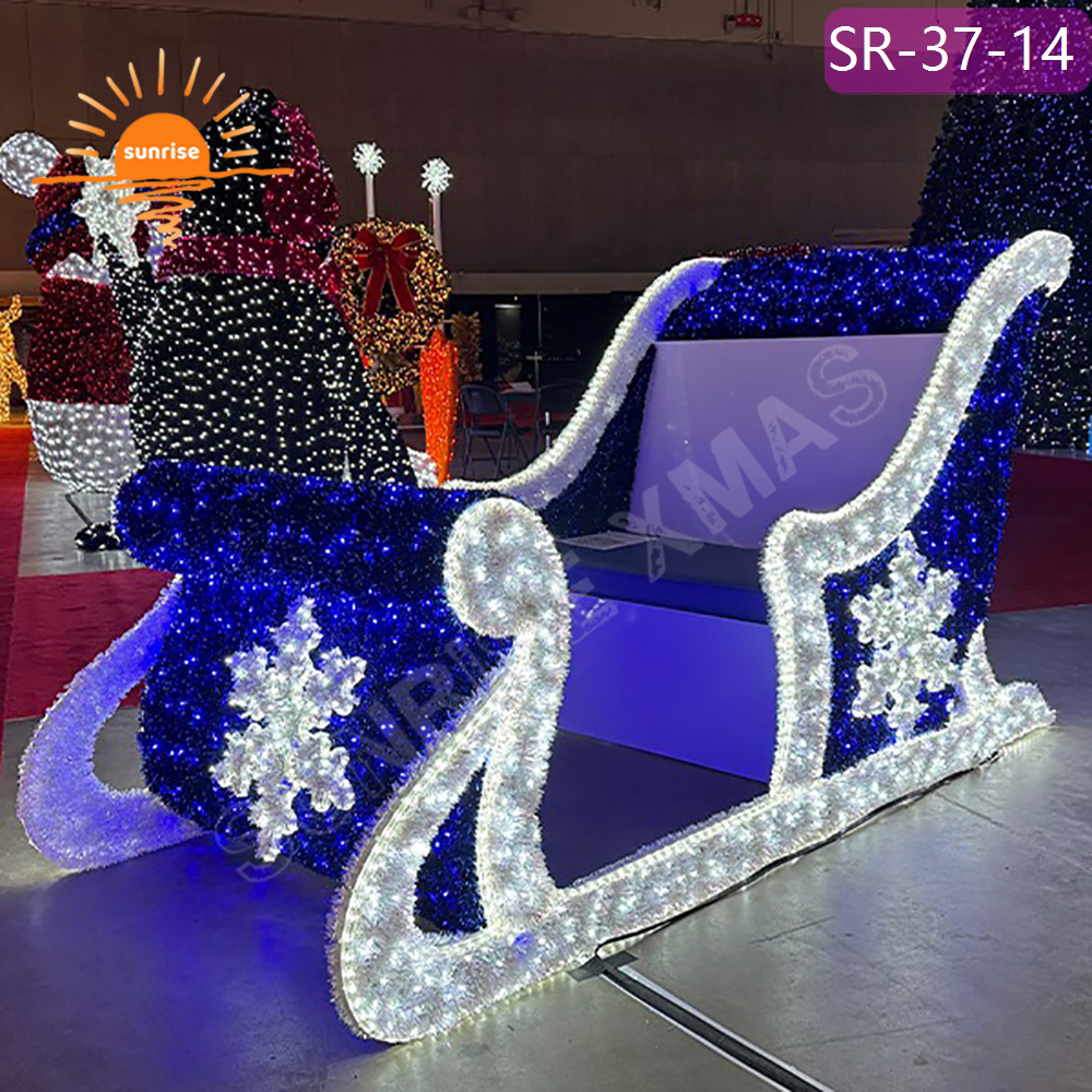 Outdoor Christmas Giant LED Reindeer and sleigh motif light show classic snow sled that can be sat on for Festive Displays
