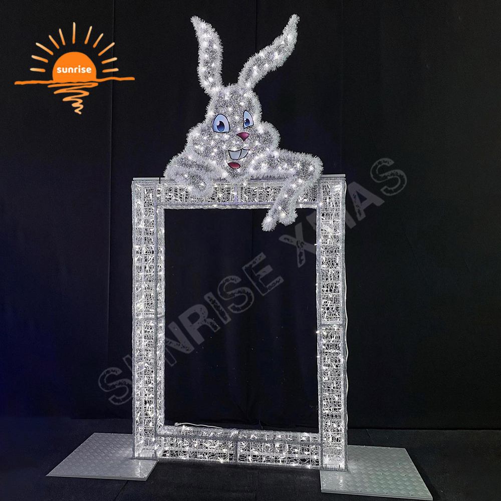 Outdoor Easter Decoration Large Light Bunny Photo Op for Holiday Life Size Easter Rabbit and Egg Light Photo Frame in the Park