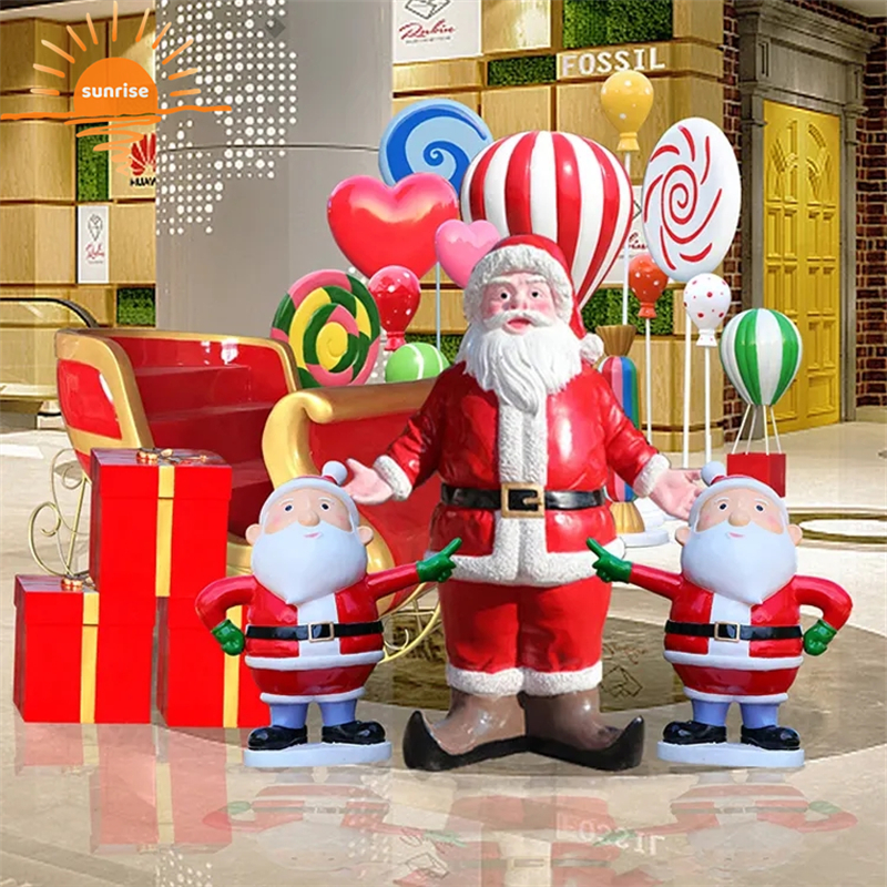 Outdoor Christmas Decoration Resin Fiberglass Santa Claus Reindeer Sleigh Statue Sculpture for Sale