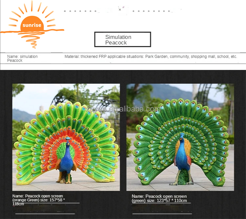 Fiberglass Resin Life Size Animal Peacock Sculpture Garden Ornaments Outdoor Mall Fiberglass Decoration