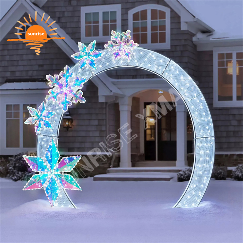 Custom outdoor street motif arch in stock Large RGB led walk through tunnel light show christmas snowflake decoration