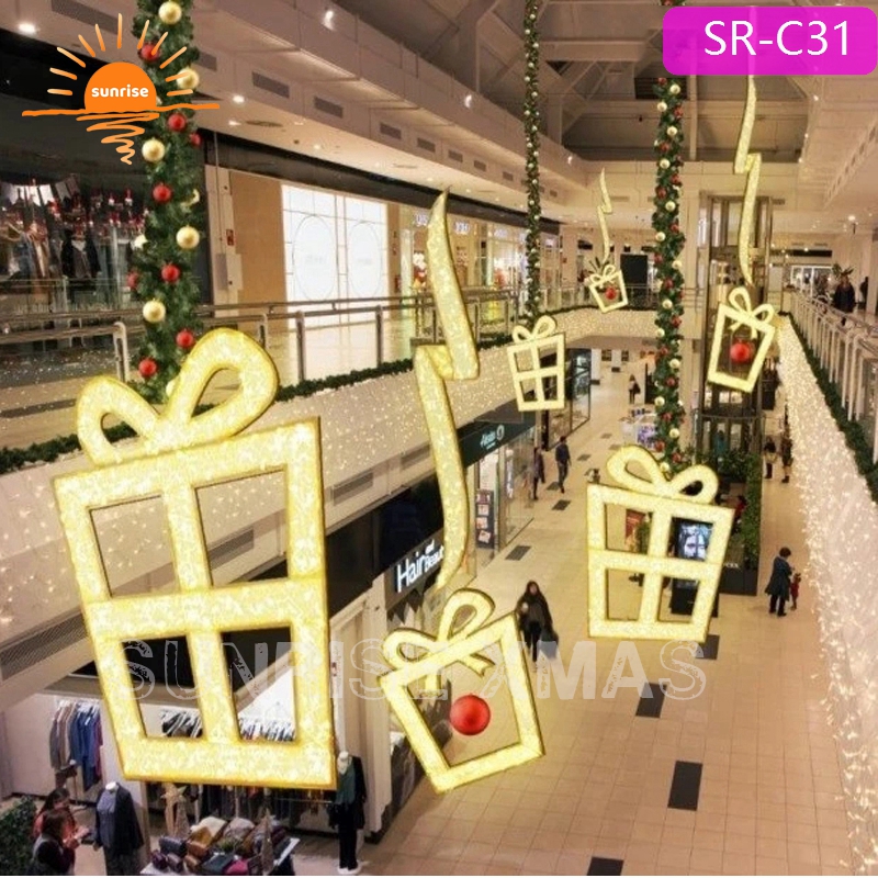Commercial Indoor Warm White  Large  Hanging Christmas LED Gift Box Decoration  for Shopping Center