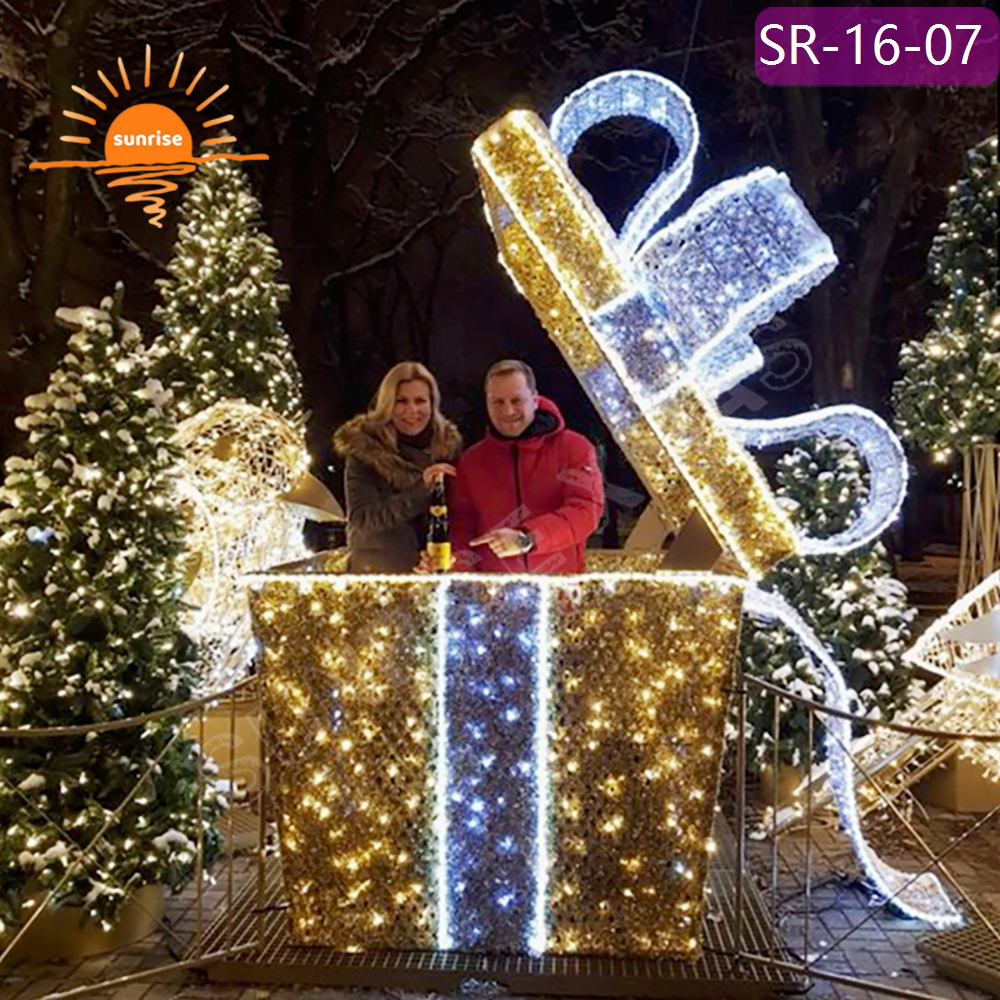 Outdoor Large Size presents arch Customized 3d Theme motif Lighting Gold Gift Box tunnel LED Decorative Lighting