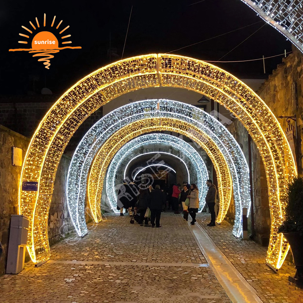 Custom outdoor street motif arch in stock Large RGB led walk through tunnel light show christmas snowflake decoration